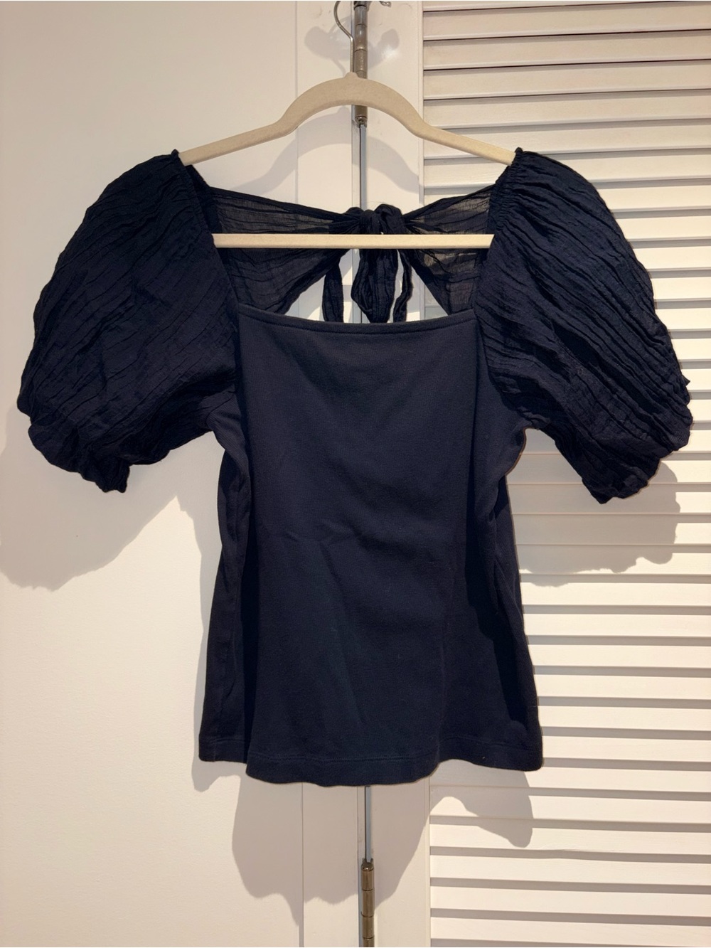Loft Navy Blue Puff Sleeve Tie-Back Women's Top